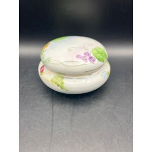 Vintage Porcelain Trinket Box Round Pill Box Hand Painted Floral w/‎ Lid 3.5"